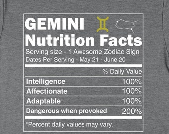 Gemini Shirts, Gemini Gifts, Gemini Zodiac Nutrition Facts Shirt, Astrology Gifts, Horoscope Birthday Gift TShirt