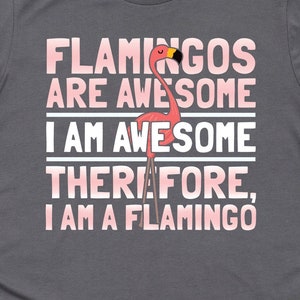 May include: A charcoal gray t-shirt with the text 'Flamingos are awesome, I am awesome, therefore, I am a flamingo' printed in pink on the front. A pink flamingo illustration is included in the text.