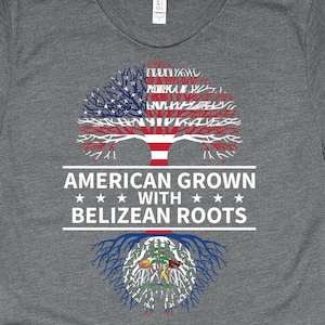 Koszulka „American Grown With Belize Roots”, koszulki z Belize, prezenty z Belize, koszulka z nadrukiem Belize Flag Heritage
