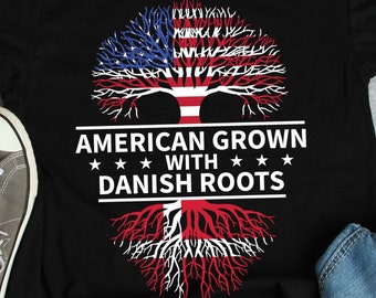 Camiseta con raíces danesas y raíces americanas, camisetas de Dinamarca, regalos de Dinamarca, camiseta con la bandera de Dinamarca, camiseta con el legado de Dinamarca
