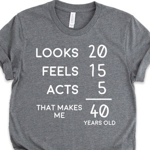 40th Birthday Gifts, 40 Year Old Shirt Looks 20 Feels 15 Acts 5 Gifts Shirt, 40th Birthday Shirt, Fortieth Birthday Gift TShirt