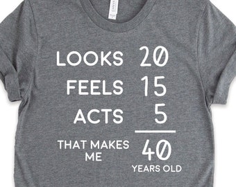 40th Birthday Gifts, 40 Year Old Shirt Looks 20 Feels 15 Acts 5 Gifts Shirt, 40th Birthday Shirt, Fortieth Birthday Gift TShirt