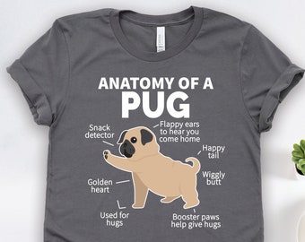 Camisetas de anatomía de perro pug, Camisetas de pug, Camiseta de anatomía de pug, Regalos de pug, Arte de pug, Camisetas para dueños de perros, Regalos para dueños de perros