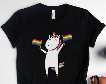 Camiseta LGBT con bandera arcoíris de unicornio, camisetas LGBT, camisetas de unicornio gay, camiseta del orgullo gay, camiseta de concientización