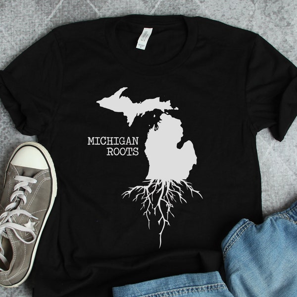 Chemises Michigan, chemise Michigan Roots, cadeaux Michigan, carte MI de l'État américain, impression Michigan
