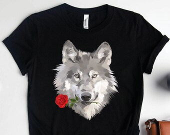 Wolf Shirts, Wolf With Rose Shirt, Wolf Gifts, Wolf Art, Animal Lover Shirts, Wolves Shirts