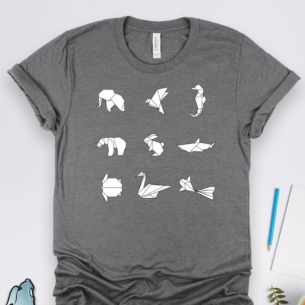 Camisetas de animales de origami, camisetas de Japón, camisetas de papel, camisetas de cultura japonesa, camisetas de origami, regalos de origami, arte de origami