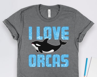 Camiseta "Me encantan las orcas", Camisetas de orcas, Camisetas del océano, Regalos para amantes de los animales, Regalos de ballenas, Arte de orcas, Camisetas de vida marina