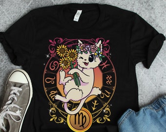 Maglietta con il segno zodiacale del gatto della Vergine, magliette della Vergine, regali per la Vergine, magliette di astrologia, magliette dell'oroscopo, regali di compleanno per il segno della Vergine