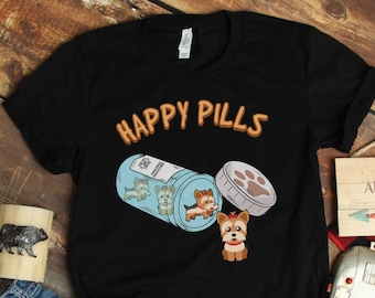 Shirt Yorkie Dog Happy Pills, shirts Yorkshire Terrier, shirts Yorkie, Yorkie Art, shirts hond, cadeaus hondeigenaar