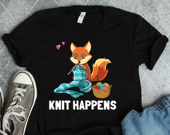 Camisa Knit Happens, Camisas de Tricô, Camisas de Mãe, Camisas de Raposa, Presentes para Vovó, Camisas de Crochê, Presentes de Lã, Camisas Artesanais