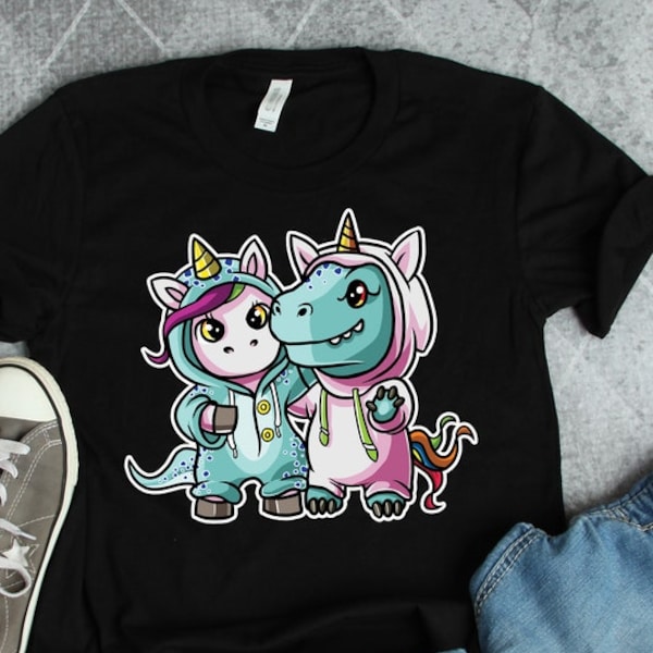 Camisa de disfraces de unicornio y T-Rex • Camiseta divertida de regalo de cumpleaños para mejores amigos