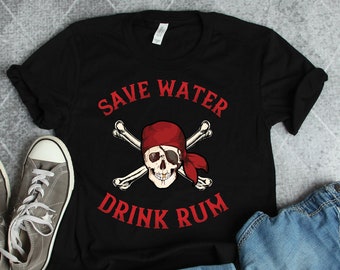 Risparmia acqua, bevi rum, magliette da pirata, magliette per feste a tema pirati, magliette per crociere, magliette coordinate per la famiglia, magliette per vacanze in famiglia, regali a tema pirati
