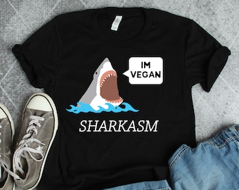 Camisetas "Sou Vegano Sharkasm", Presentes com Tubarões, Camisetas Divertidas para Fitness, Camisetas de Academia, Camisetas Veganas, Presentes Veganos