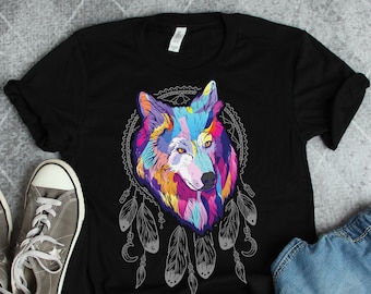 Shirt Wolf Dreamcatcher, Wolf Art, Wolf Gifts, Native American Art, T-shirt Spirit Animal, T-shirts wolf