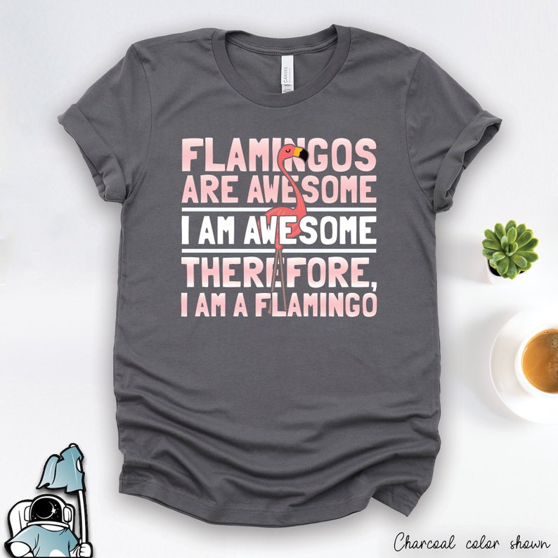 May include: A charcoal gray t-shirt with the text 'Flamingos are awesome, I am awesome, therefore, I am a flamingo' printed in pink on the front. A pink flamingo illustration is included in the text.