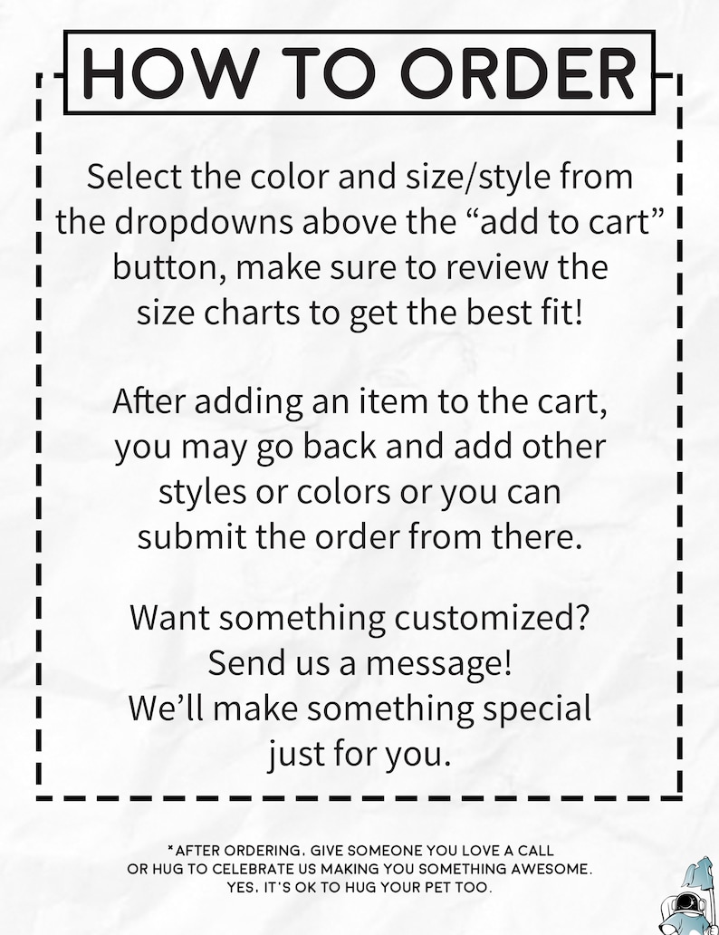 Puede incluir: Instrucciones sobre c&oacute;mo realizar un pedido en una tienda online. El texto explica c&oacute;mo seleccionar colores y tallas, a&ntilde;adir art&iacute;culos al carrito y personalizar los pedidos. El texto tambi&eacute;n anima a los clientes a llamar o abrazar a alguien que quieran despu&eacute;s de realizar un pedido.