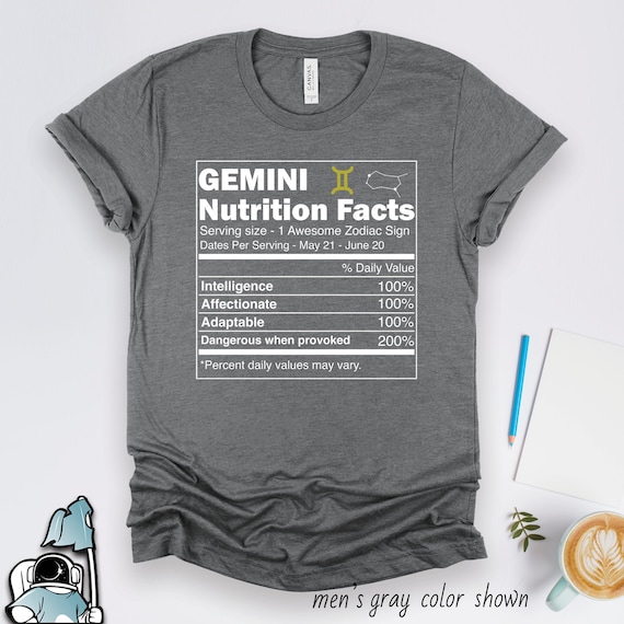 Gemini Shirts, Gemini Gifts, Gemini Zodiac Nutrition Facts Shirt, Astrology Gifts, Horoscope Birthday Gift TShirt