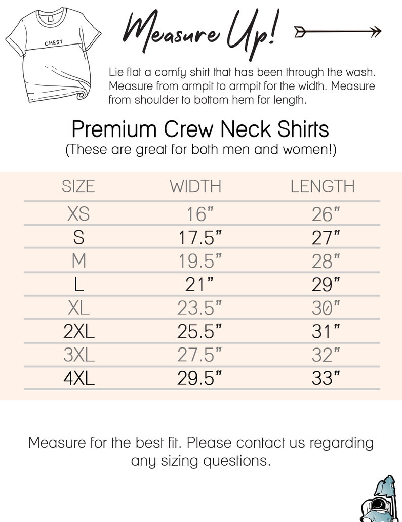 Puede incluir: Un gr&aacute;fico que muestra las medidas de talla para camisetas de cuello redondo de primera calidad. El gr&aacute;fico enumera las tallas XS a 4XL con las medidas de ancho y largo correspondientes en pulgadas.