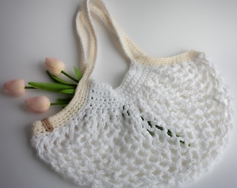 Crochet Shopping Bag – Organic Cotton Market Bag – Reusable Eco Friendly Tote – Minimal Everyday Carry