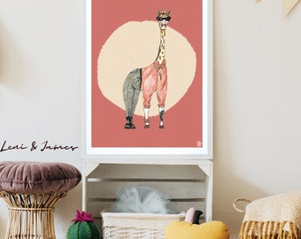 Hipster animal prints, hand drawn illustration, animal prints, nursery prints, hipster animal wall decorations, Hipster giraffe illustration