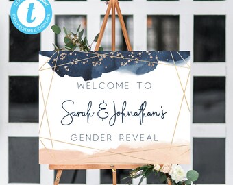 Rose Gold Gender Reveal Welcome Sign, Blush & Navy (Printable)
