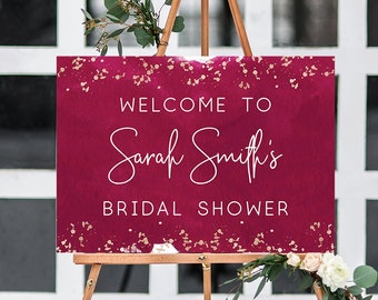 Burgundy Bridal Shower Welcome Sign, Faux Rose Gold (Digital Template)