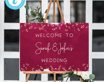 Burgundy Wedding Welcome Sign, Rose Gold Printable (Digital Download)