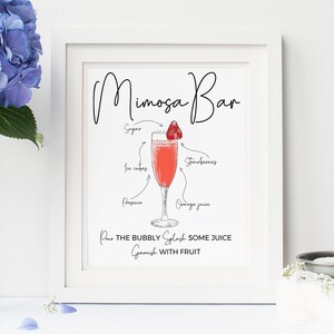 Scarica il cartello Mimosa Bar, cartello Mimosa stampabile, cartello doccia nuziale alla fragola, brunch Mimosa, cartello bar champagne acquerello, fragola