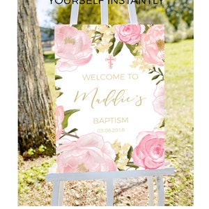 Baptism welcome sign, pink and gold baptism, girl&#39;s baptism sign, Welcome to baptism sign, PRINTABLE welcome sign, baptism decorations
