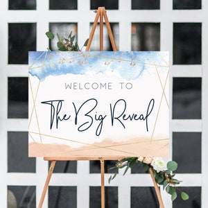 baby blue and Blush Gender Reveal Sign, Baby Reveal Ideas, Reveal Welcome Sign Printable, Rose Gold Gender Reveal, Pregnancy Reveal sign