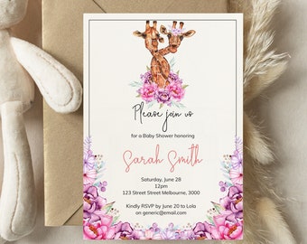 Giraffe Baby Shower Invitation, Pink Floral, Girl (Digital Template)