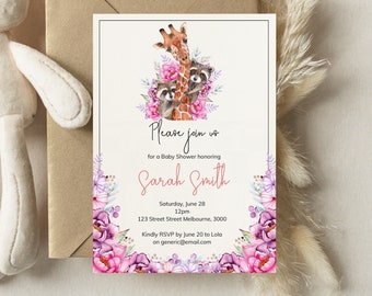 Giraffe Racoon Baby Shower Invitation, Pink Floral (Digital Download)
