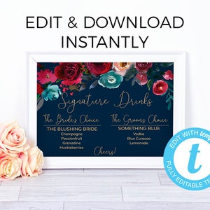Signatur-Cocktail-Schild Bar-Menü druckbare Empfang-Schilder Signatur-Getränk-Zeichen, Hochzeit-Unterschrift-Getränke, Marine und Marsala-Unterschrift-Getränke