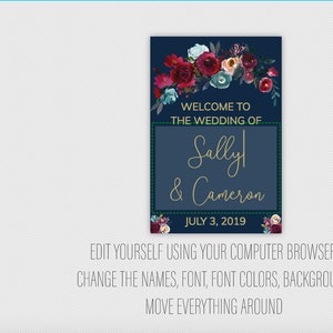 May include: A navy blue wedding invitation with a floral design in shades of red, pink, and white. The text reads "Welcome to the wedding of Sally & Cameron July 3, 2019".