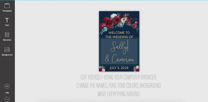 May include: A navy blue wedding invitation with a floral design in shades of red, pink, and white. The text reads "Welcome to the wedding of Sally & Cameron July 3, 2019".