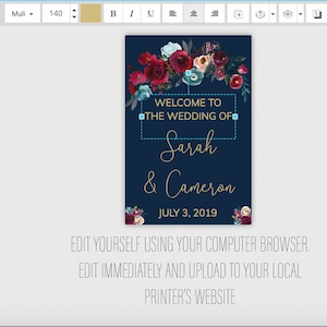 May include: A navy blue wedding announcement with a floral design featuring red, white, and blue flowers. The text reads "Welcome to the wedding of Sarah & Cameron July 3, 2019".