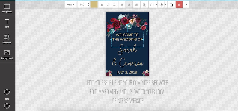 May include: A navy blue wedding announcement with a floral design featuring red, white, and blue flowers. The text reads "Welcome to the wedding of Sarah & Cameron July 3, 2019".