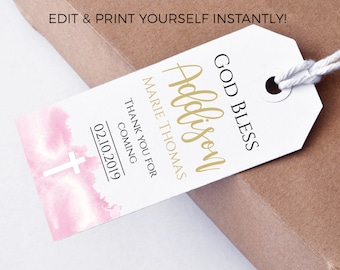 Baptism favor tags baptism thank you tags God Bless baptism tags baptism decorations girl baptism favors printable baptism tags pink baptism