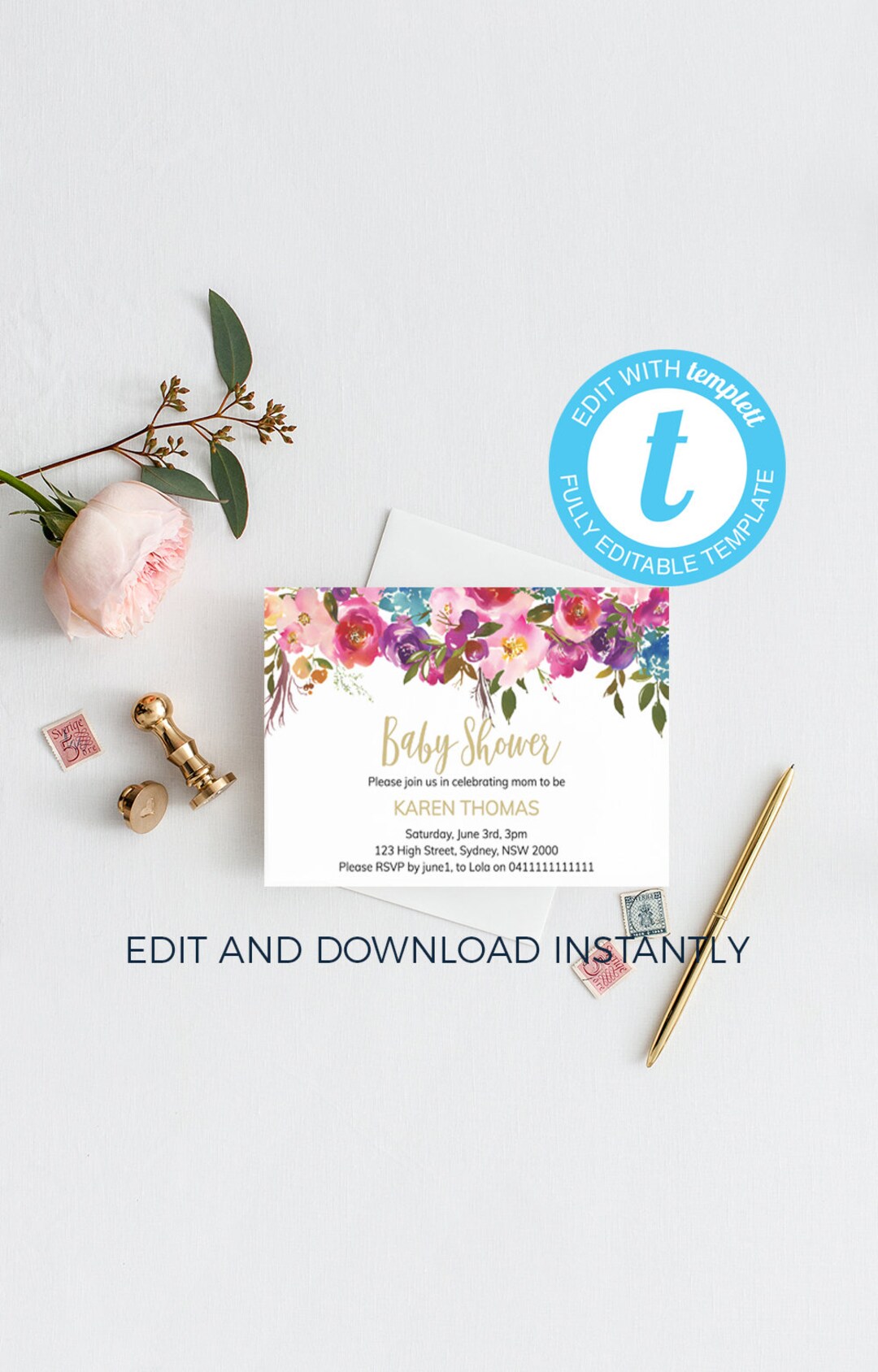 Floral Baby Shower Invitation, Editable Girl Invite (digital Template ...