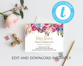 Floral Baby Shower Invitation, Editable Girl Invite (Digital Template)