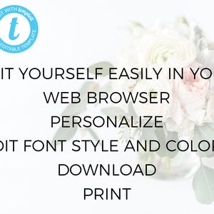 May include: A white background with a blue circle containing the letter "t" and the text "Edit with template, fully editable template". Below the circle, the text reads "Edit yourself easily in your web browser, personalize, edit font style and colors, download, print".