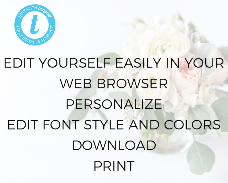 May include: A white background with a blue circle containing the letter "t" and the text "Edit with template, fully editable template". Below the circle, the text reads "Edit yourself easily in your web browser, personalize, edit font style and colors, download, print".