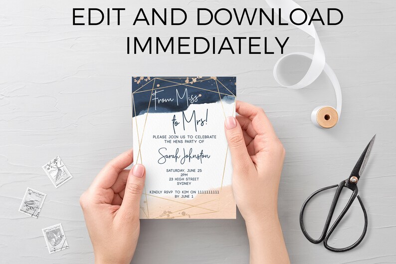 May include: A blue and peach watercolor invitation with gold geometric shapes and the text "From Miss to Mrs!"  Please join us to celebrate the hens party of Sarah Johnston. Saturday, June 25, 2pm, 23 High Street, Sydney. Kindly RSVP to Kim on [phone number] by June 1.