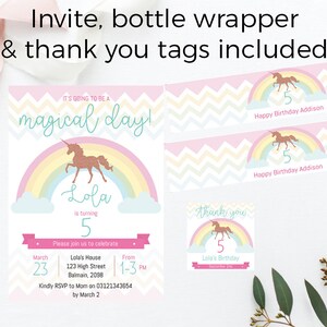 Unicorn Invites, Unicorn Birthday Party, unicorn birthday decorations, glitter unicorn invites unicorn thank you tags unicorn bottle labels
