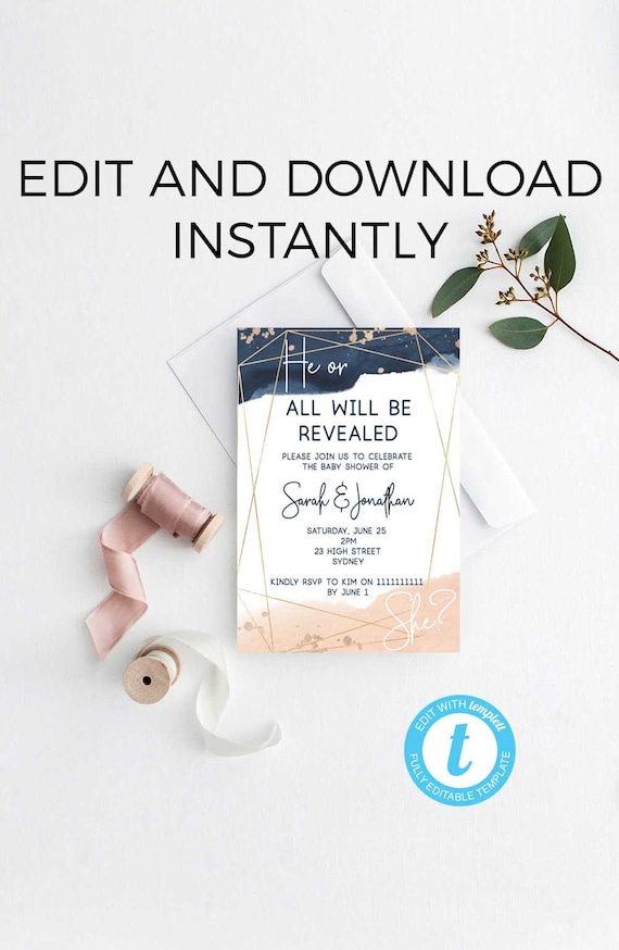 gender reveal invitation navy and blush invite rose gold etsy