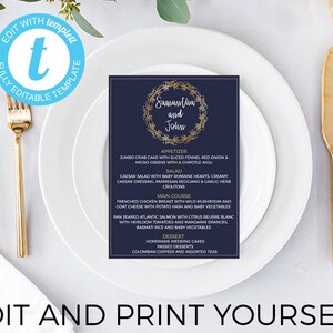 Wedding menu template, Menu Template, Editable Wedding Menu, Blue and gold wedding menus, DIY Wedding menu, Printable Wedding Menu, DIY Menu