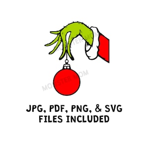 May include: A green hand wearing a red and white Santa hat holds a red Christmas bauble. The text "JPG, PDF, PNG, & SVG FILES INCLUDED" is below the image.