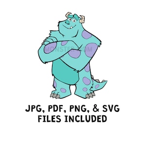 May include: A cartoon illustration of a blue monster with purple spots, standing with arms crossed. The monster has a toothy grin and one horn. The text "JPG, PDF, PNG, & SVG FILES INCLUDED" is below the monster.