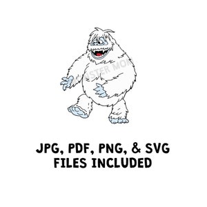 Op de afbeelding: Een cartoon illustratie van een witte yeti met blauwe accenten, lachend en lopend. De tekst "JPG, PDF, PNG, & SVG FILES INCLUDED" staat eronder.